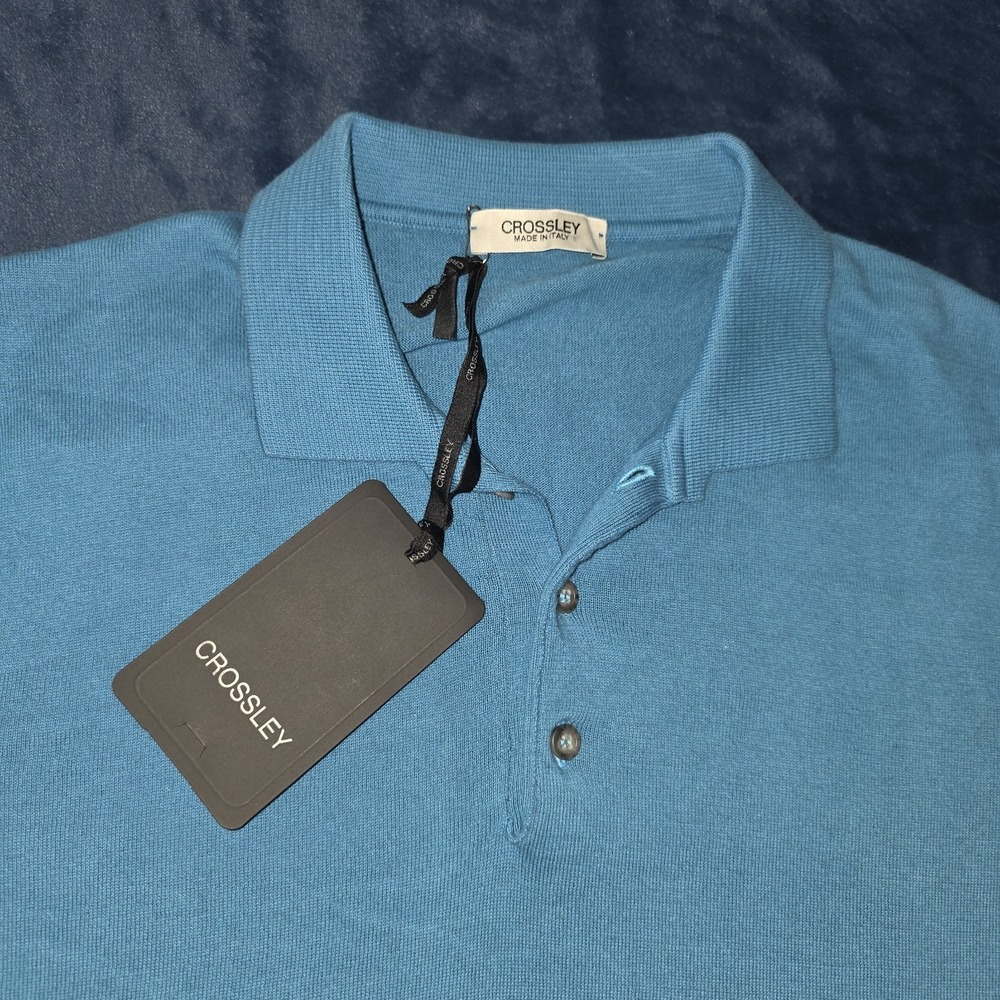 New Crossley Made in Italy Teal Blue Mens Large Short Sleeve Knit Polo Shirt NWT